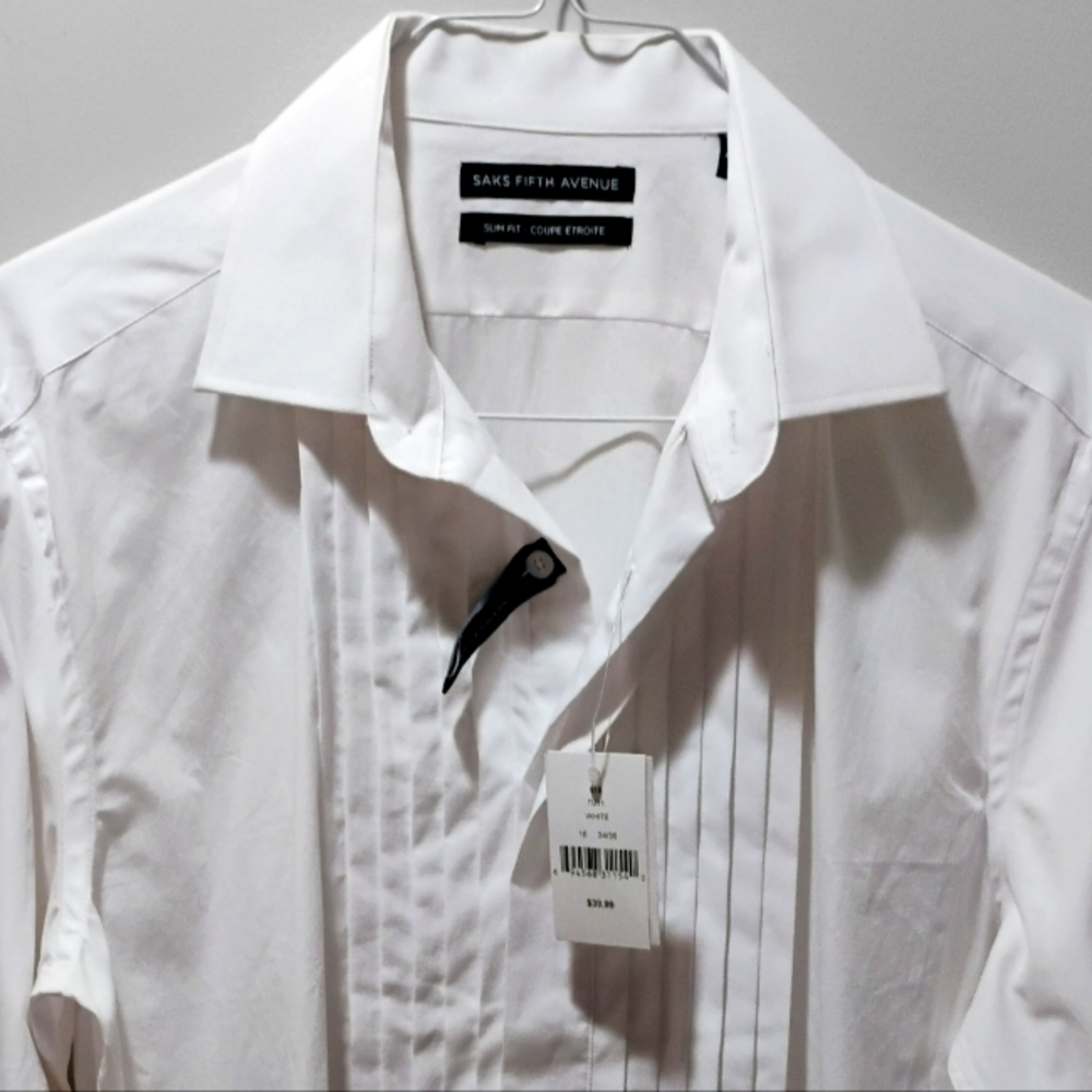 NWT Saks Fifth Avenue White Tuxedo Shirt with Pleated Front